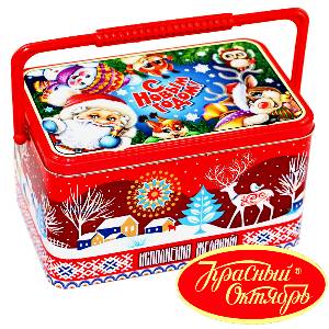 Детский новогодний подарок в жестяной упаковке весом 1000 грамм по цене 1037 руб в Стерлитамаке