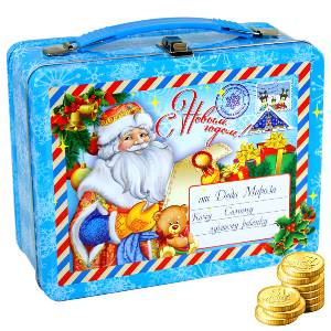 Сладкий новогодний подарок в жестяной упаковке весом 1450 грамм по цене 1373 руб